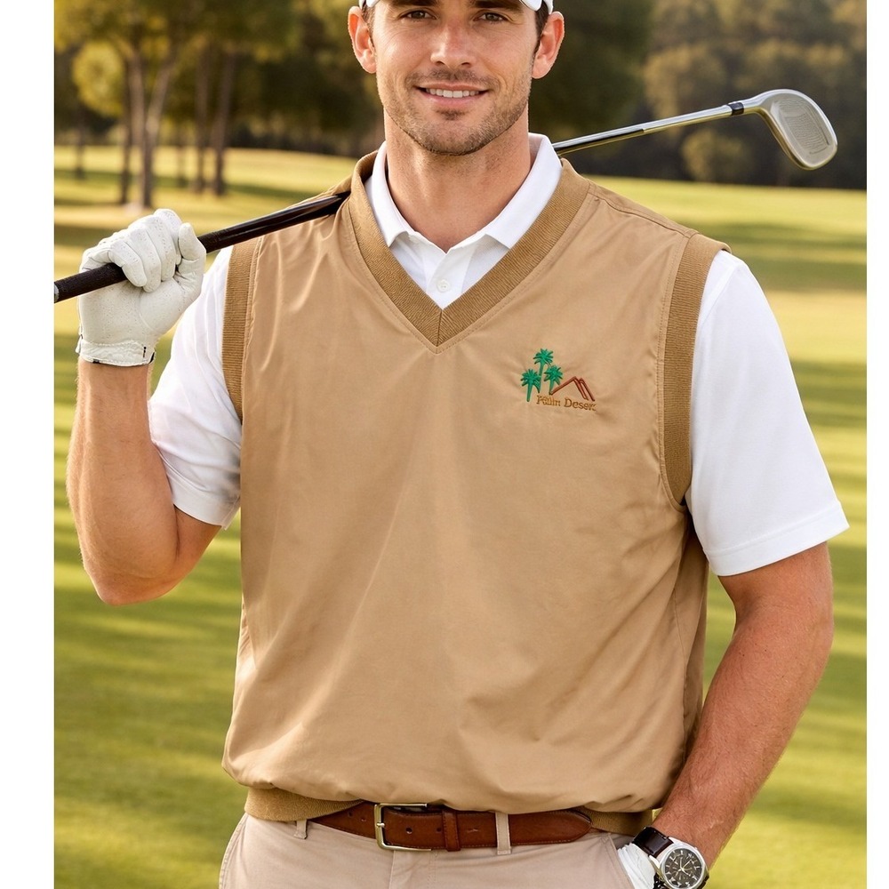 Tri-Mountain Palm Desert Windbreaker Vest Mens Small Tan Khaki V-Neck Golf S